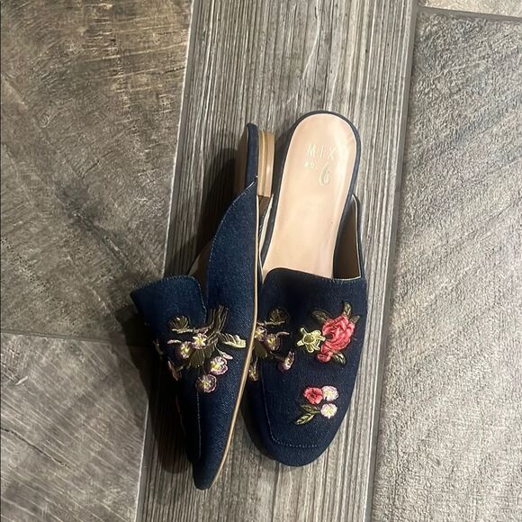 Mix No. 6 Shoes - Mix No. 6 Navy denim Floral Mules flats